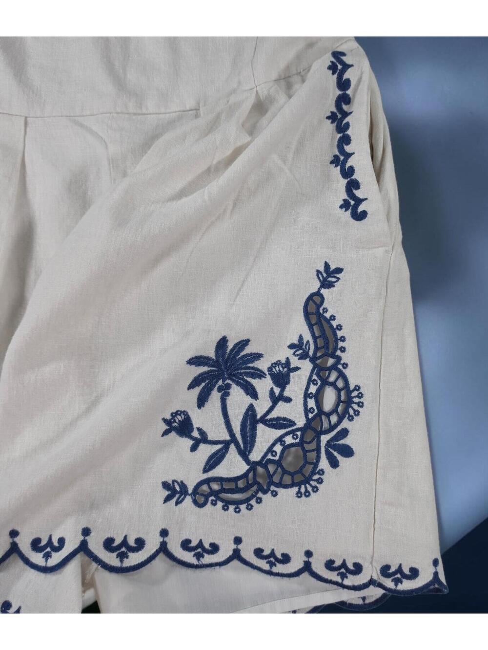 Caroline Constas White Navy Embroidered Linen Strapless Romper-XS No Belt/Straps - Picture 11 of 11